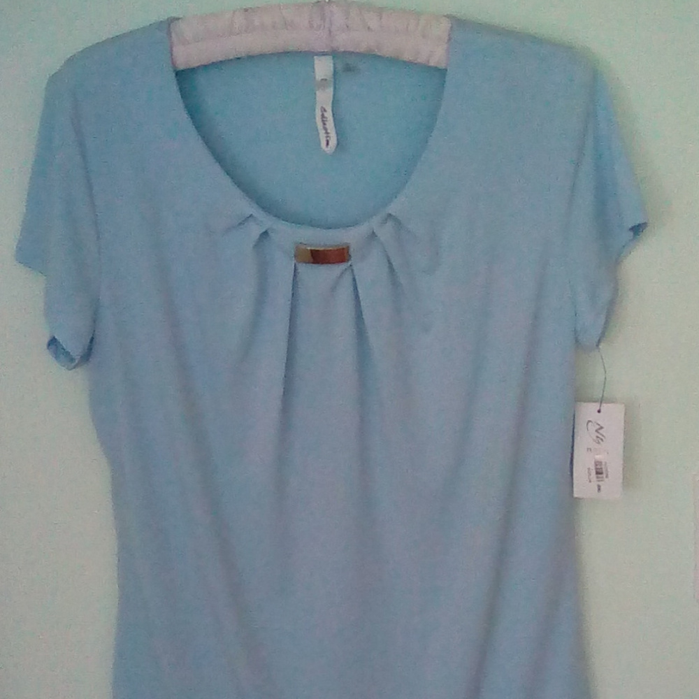 Pastel Blue Top gathered front with metal accent